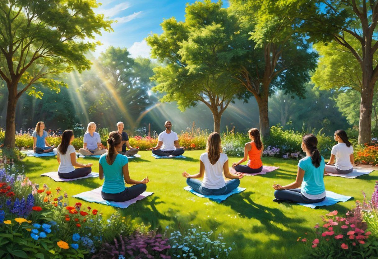 A serene landscape featuring a flourishing garden with diverse flowers symbolizing growth and happiness. In the foreground, a diverse group of people practicing mindfulness—meditating, laughing, and sharing moments of joy. Bright blue skies and sunlight streaming through the trees create a warm atmosphere. Incorporate elements like a rainbow, symbolizing hope, and floating hearts to represent love and optimism. vibrant colors. painting.