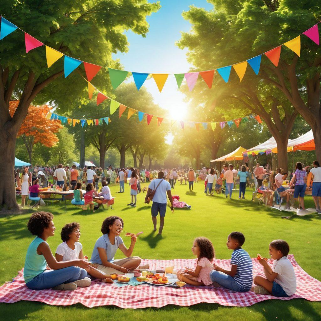 A vibrant community gathering in a sunny park, featuring diverse groups of people engaging in playful activities, sharing smiles, and exchanging ideas. Colorful banners reading 'Community Engagement' flutter in the breeze, while a picnic scene showcases delicious food and lively conversations. Children play joyfully alongside adults, creating a harmonious atmosphere. super-realistic. vibrant colors. 3D.
