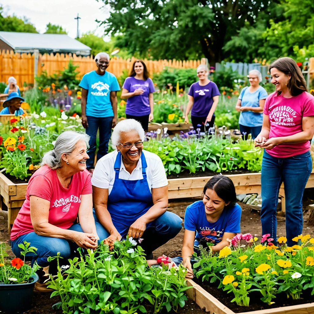 A warm gathering in a vibrant community garden, showcasing diverse people sharing laughter and stories while planting flowers together. Brightly colored plants and smiling faces create an atmosphere of joy and togetherness. Include elements of food sharing and engaging activities like music and art. super-realistic. vibrant colors. warm lighting.